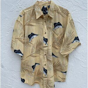 Puritan Mens Swordfish Fish Pattern Aloha Hawaiian Shirt Beige Sz XL